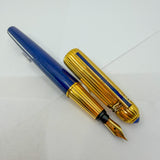 Cartier Pasha Marbled Blue Laque Barrel/Heavy Gold-Plated Fluted Cap Fountain Pen - Fine 18kt Gold Nib