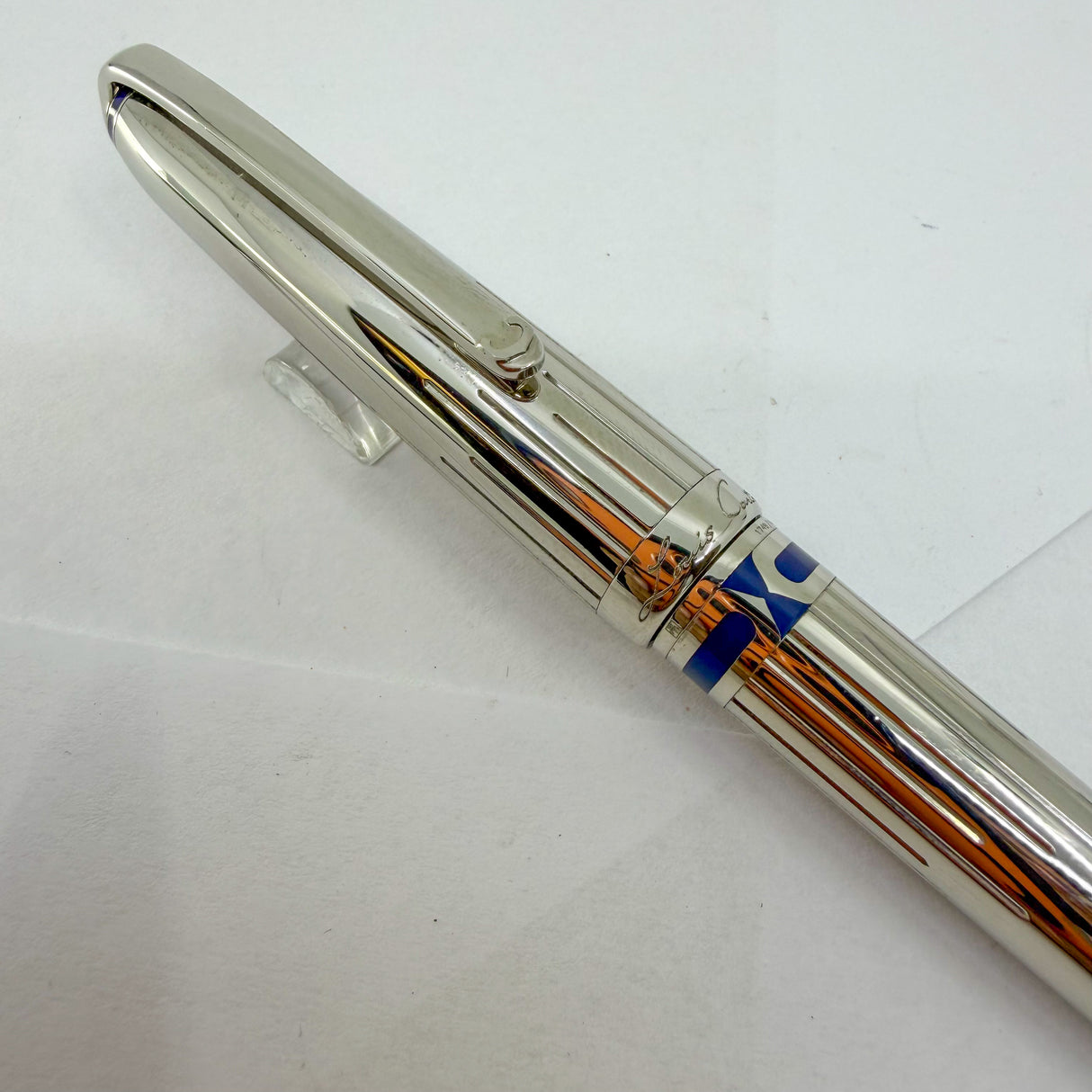 Cartier Art Deco Limited Edition Platinum Plated Ballpoint Pen with Blue Lacquer Accents