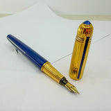 Cartier Pasha Marbled Blue Laque Barrel/Heavy Gold-Plated Fluted Cap Fountain Pen - Fine 18kt Gold Nib