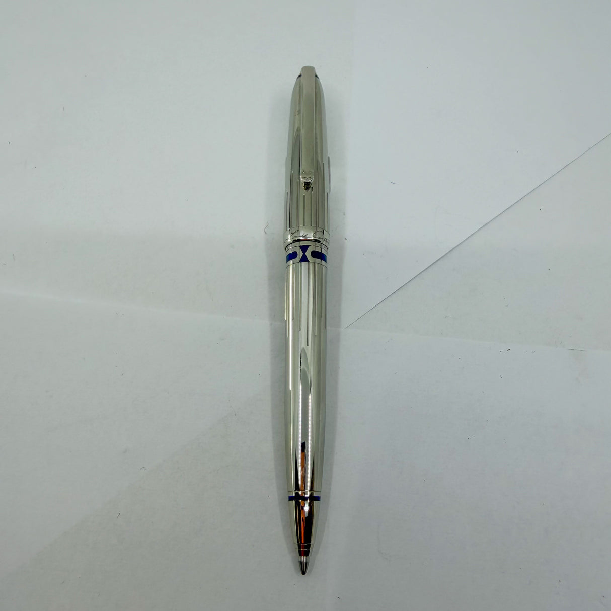 Cartier Art Deco Limited Edition Platinum Plated Ballpoint Pen with Blue Lacquer Accents