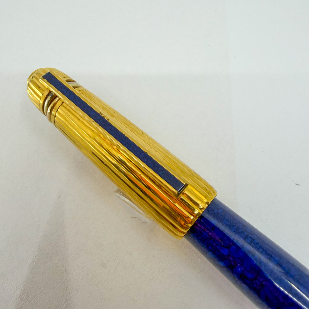 Cartier Pasha Marbled Blue Laque Barrel/Heavy Gold-Plated Fluted Cap Fountain Pen - Fine 18kt Gold Nib