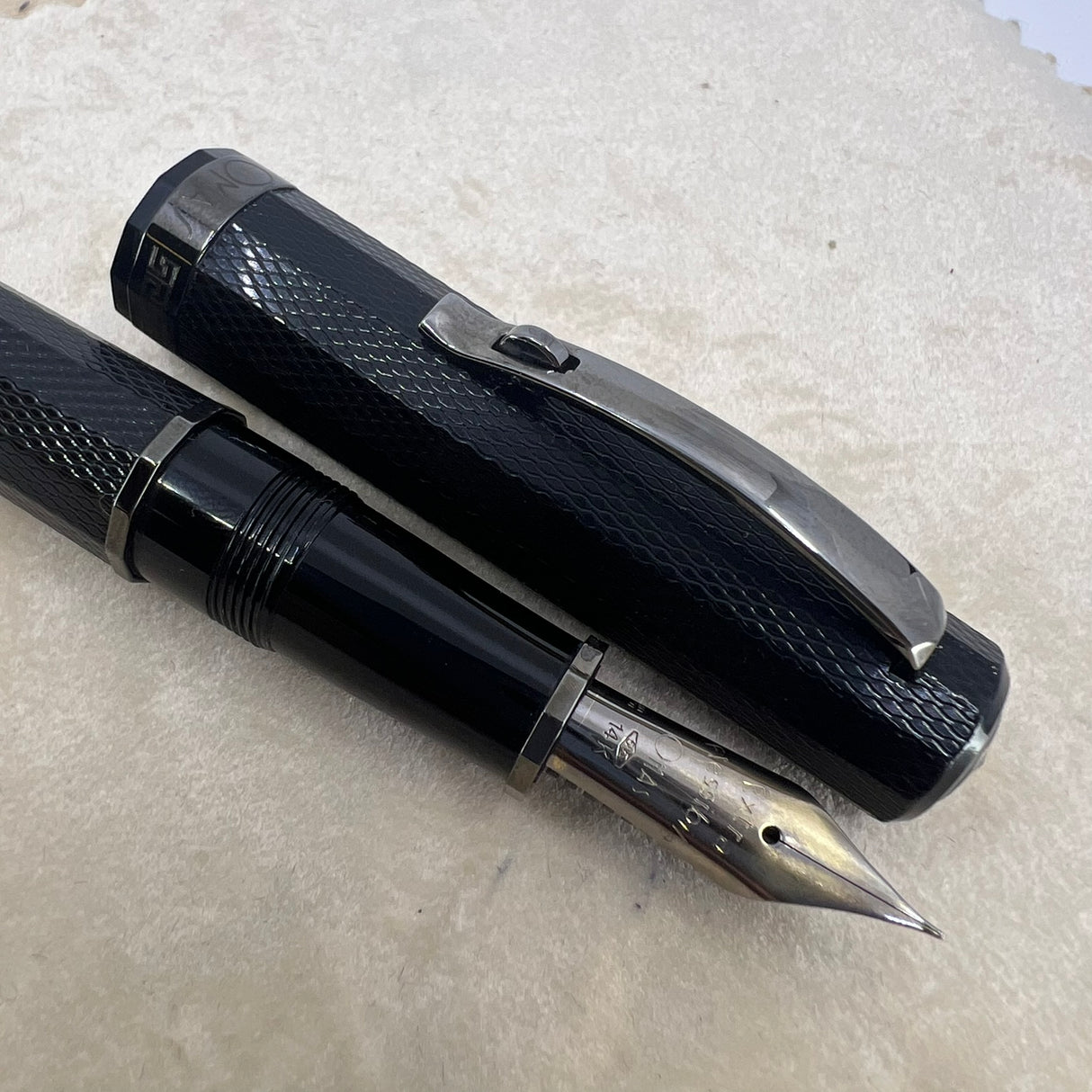 OMAS Arte Italiana "Noir" Large Paragon Guilloche Fountain Pen - "EXTRA FLESSIBLE" Extra Fine 14kt Gold Nib