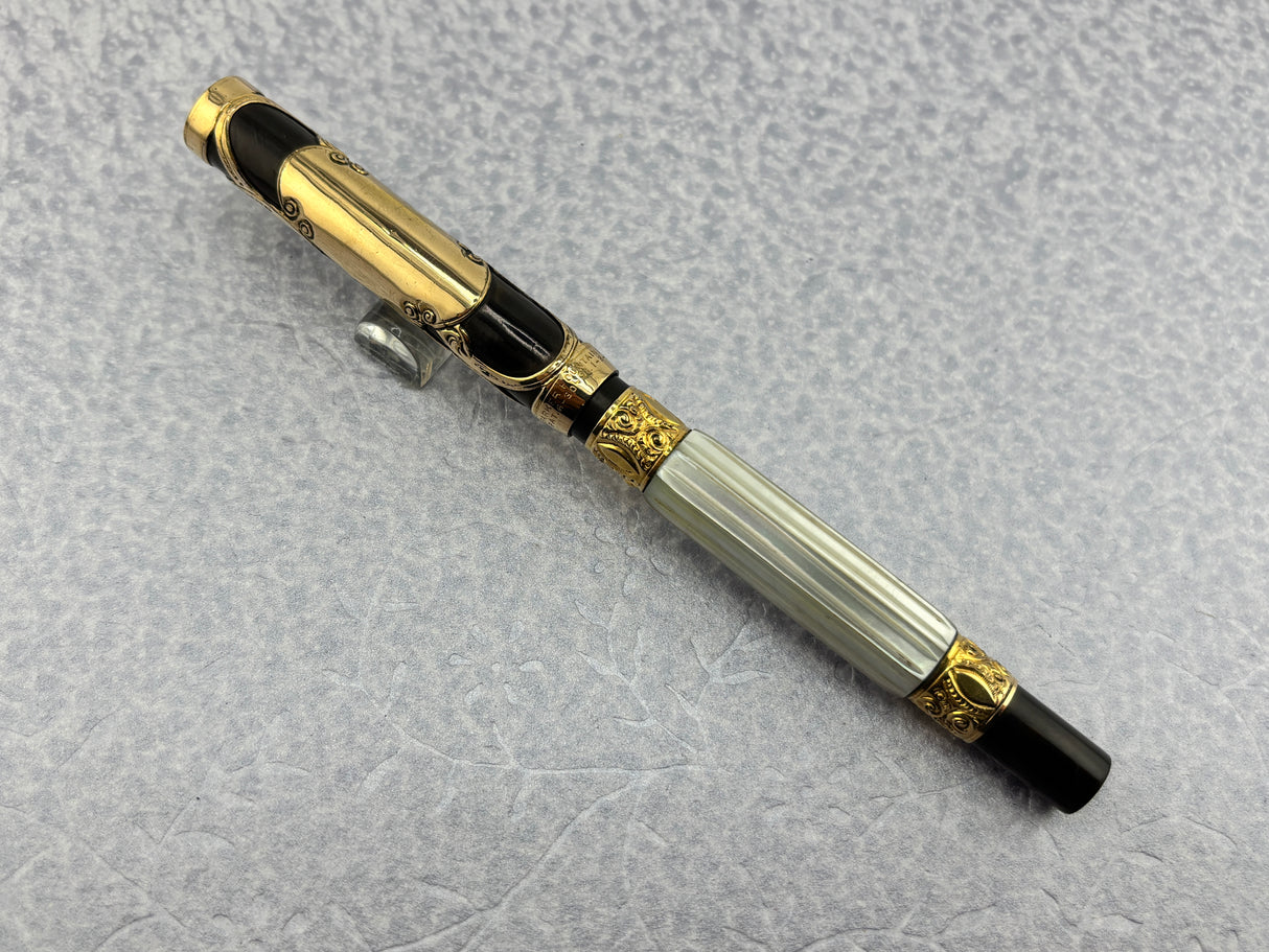 Parker # 15 Gold filled filigree with Fluted mother-of-pearl slabs eyedropper-fill Fountain Pen ca 1910-15