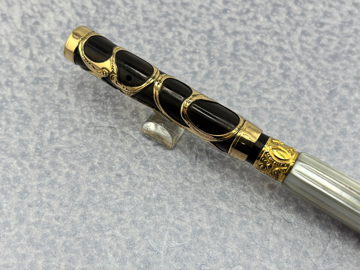 Parker # 15 Gold filled filigree with Fluted mother-of-pearl slabs eyedropper-fill Fountain Pen ca 1910-15