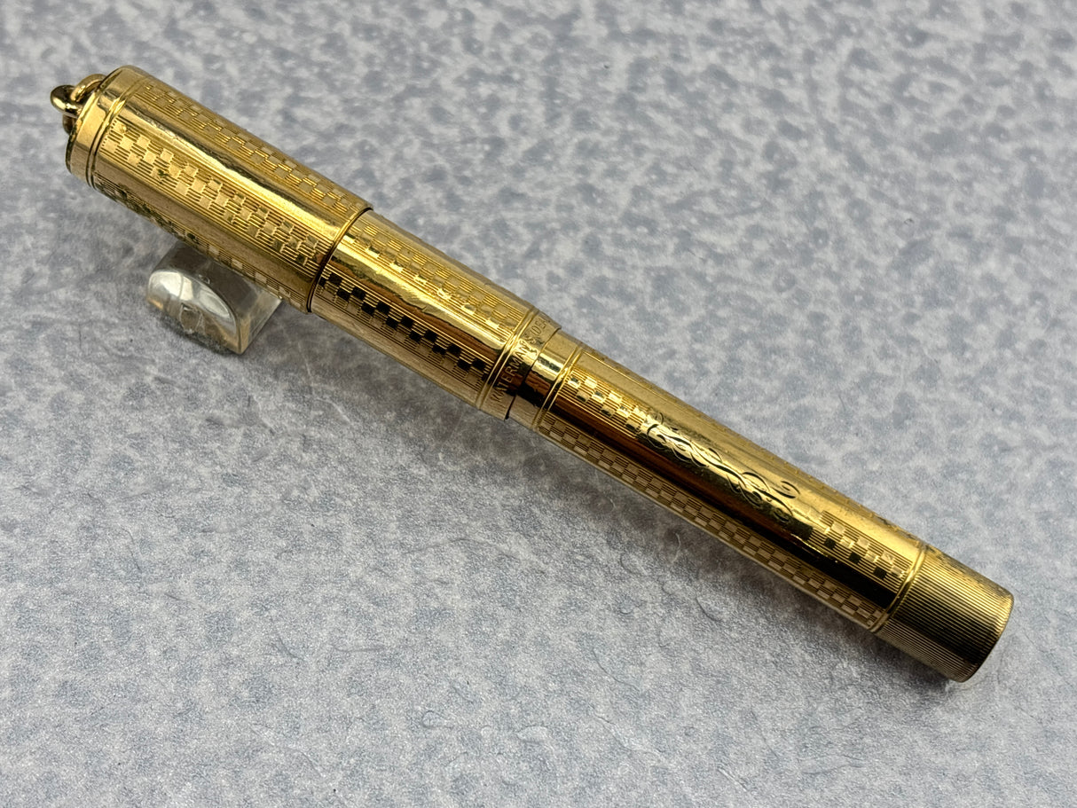 Waterman Gold-Filled # 0512 1/2 VPSF (Vest Pocket Self Filler) Gothic Overlay Ring Top  Fountain Pen  with Scarce Second Cap to Protect One's Clothing