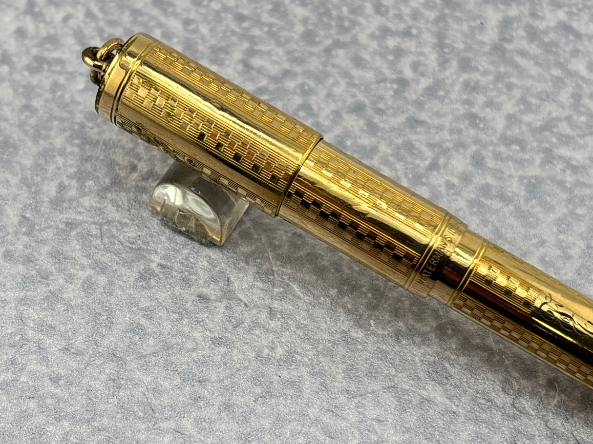 Waterman Gold-Filled # 0512 1/2 VPSF (Vest Pocket Self Filler) Gothic Overlay Ring Top  Fountain Pen  with Scarce Second Cap to Protect One's Clothing