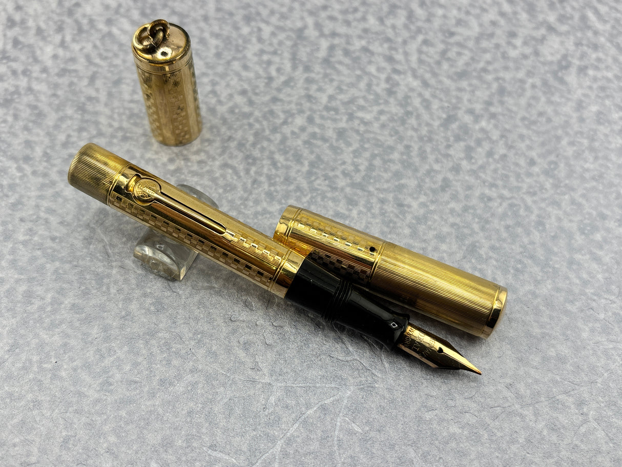 Waterman Gold-Filled # 0512 1/2 VPSF (Vest Pocket Self Filler) Gothic Overlay Ring Top  Fountain Pen  with Scarce Second Cap to Protect One's Clothing