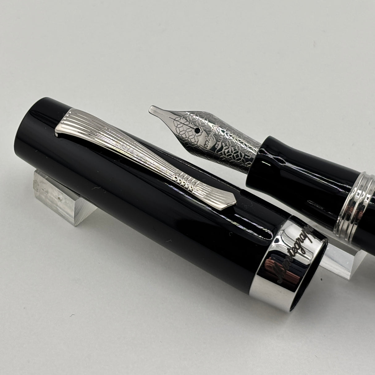 Montegrappa Black - Engraved Lines Clip Fountain Pen - Medium Stainless Steel Nib