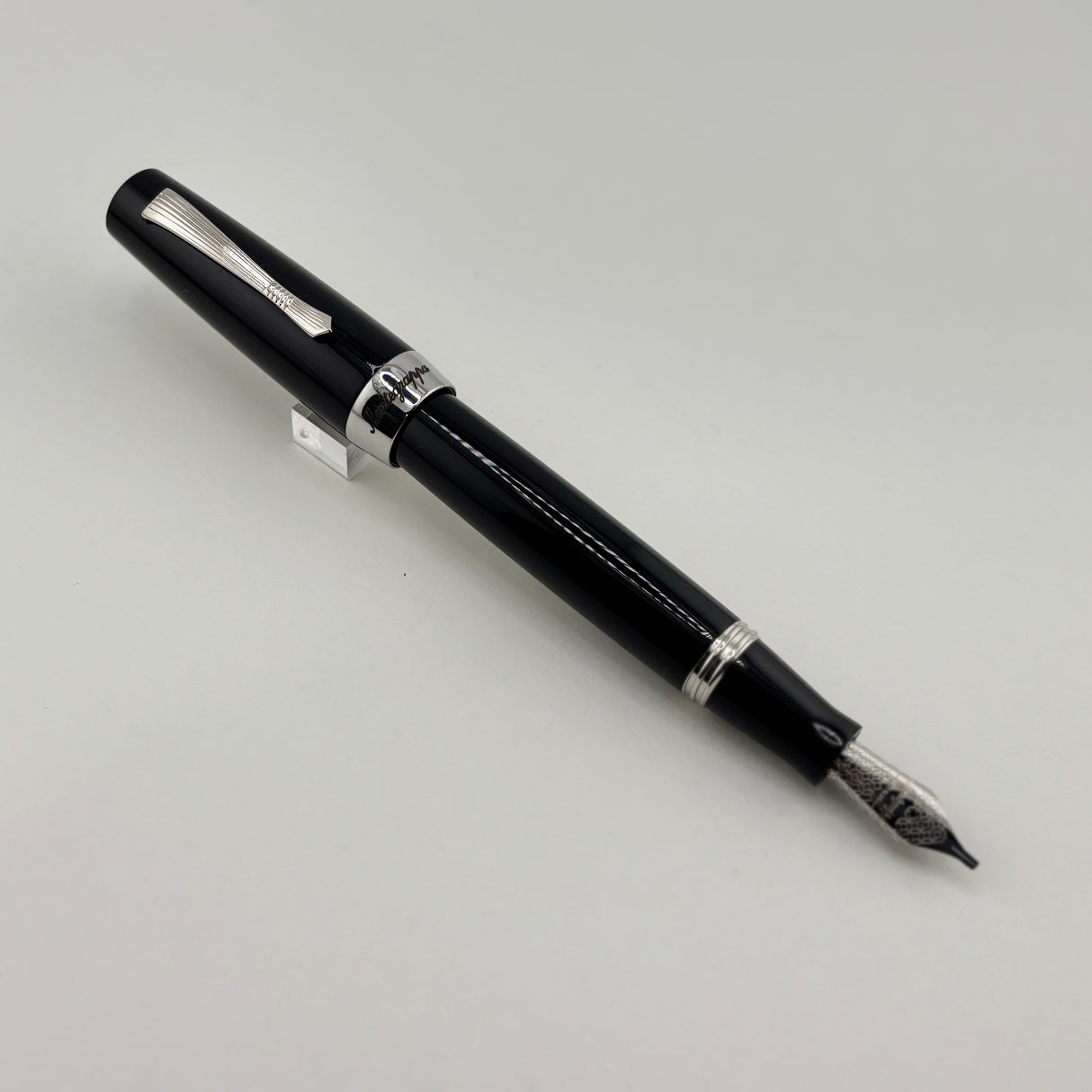 Montegrappa Black - Engraved Lines Clip Fountain Pen - Medium Stainless Steel Nib