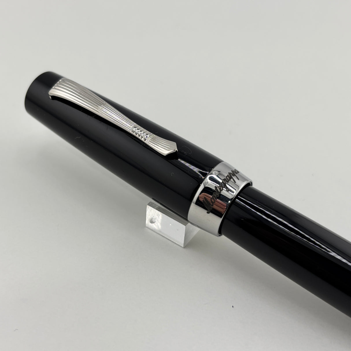 Montegrappa Black - Engraved Lines Clip Fountain Pen - Medium Stainless Steel Nib