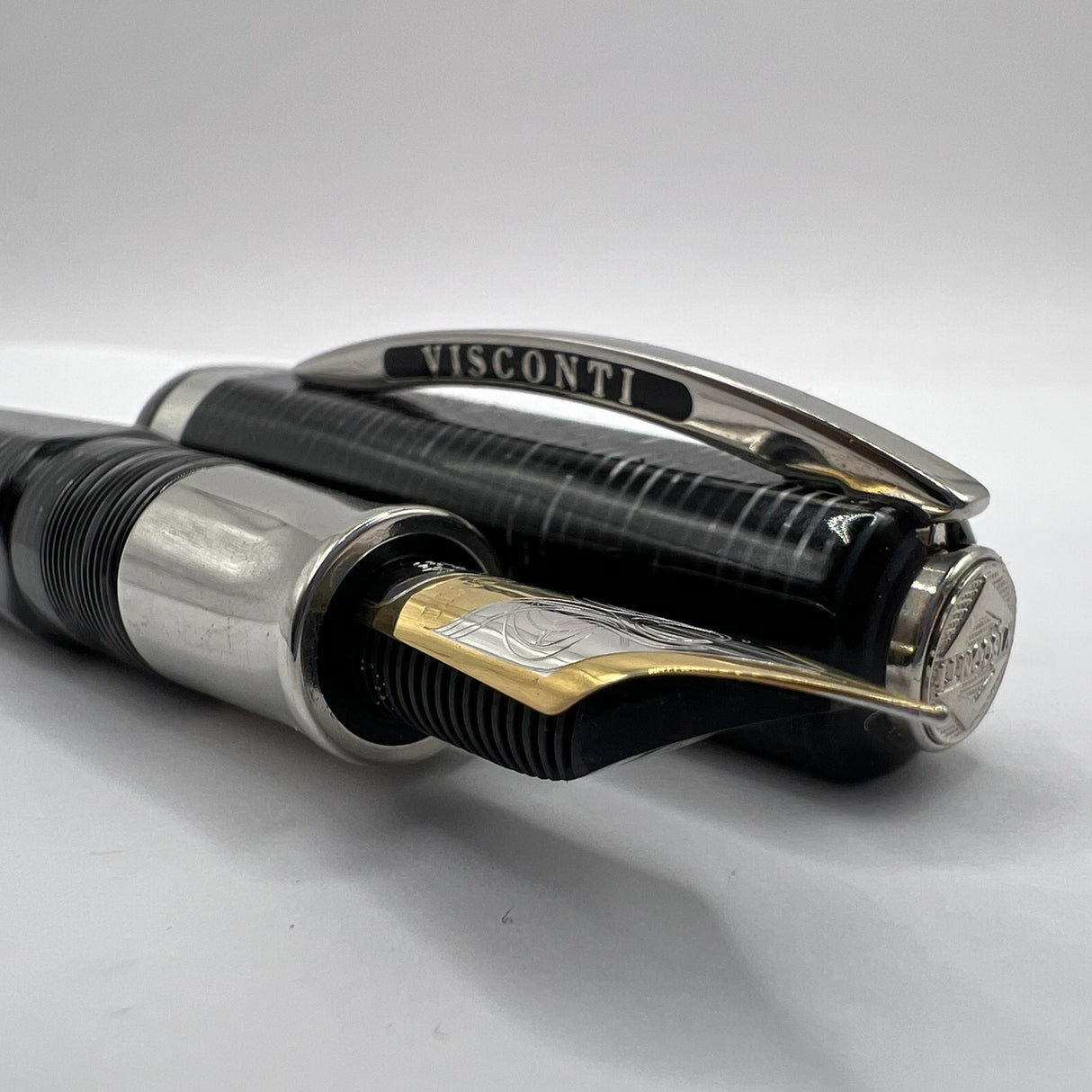 Visconti Wall Street Glittering Silver Celluloid Fountain Pen  - Fine 14kt Gold Nib