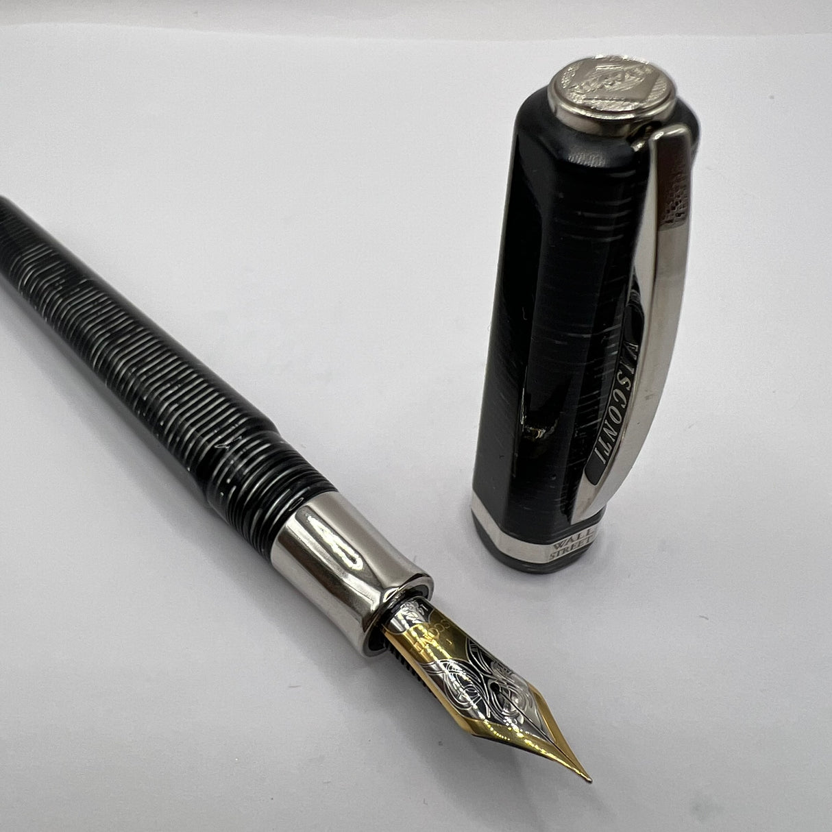 Visconti Wall Street Glittering Silver Celluloid Fountain Pen  - Fine 14kt Gold Nib