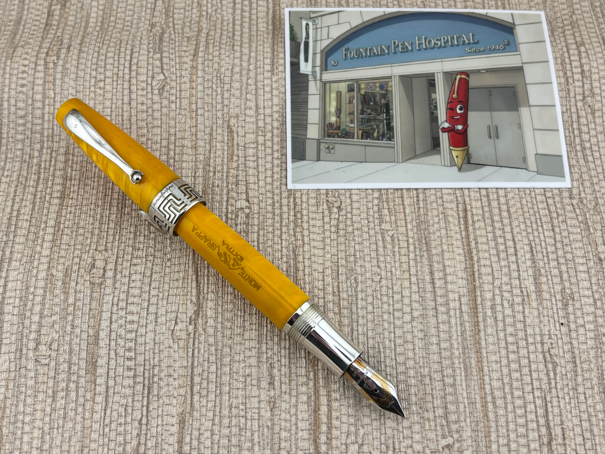 Montegrappa Extra Lustrous Yellow Celluloid  Large Gold Nib #8 Fountain Pen - Fine 18kt Gold Nib