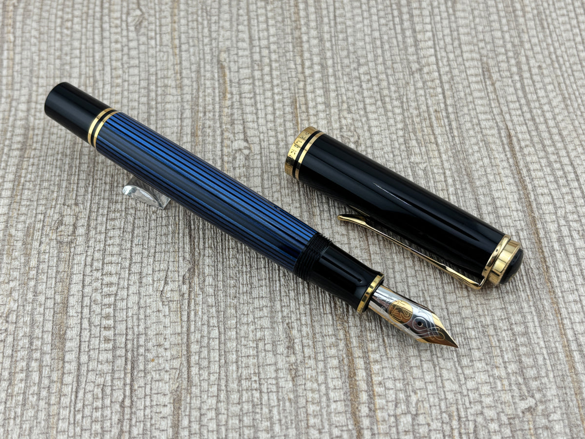 Pelikan M800 Blue Striped Barrel/Black Cap  Fountain Pen - Medium 18kt Gold Nib