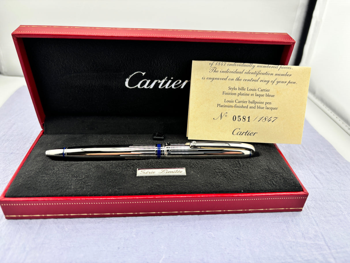 Cartier Art Deco Limited Edition Platinum Plated Ballpoint Pen with Blue Lacquer Accents