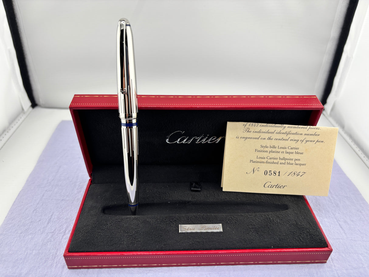 Cartier Art Deco Limited Edition Platinum Plated Ballpoint Pen with Blue Lacquer Accents