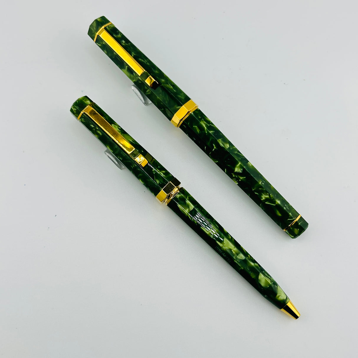 Retro 1951 Set Green  Marble Celluloid- Fountain Pen and Ball Pen