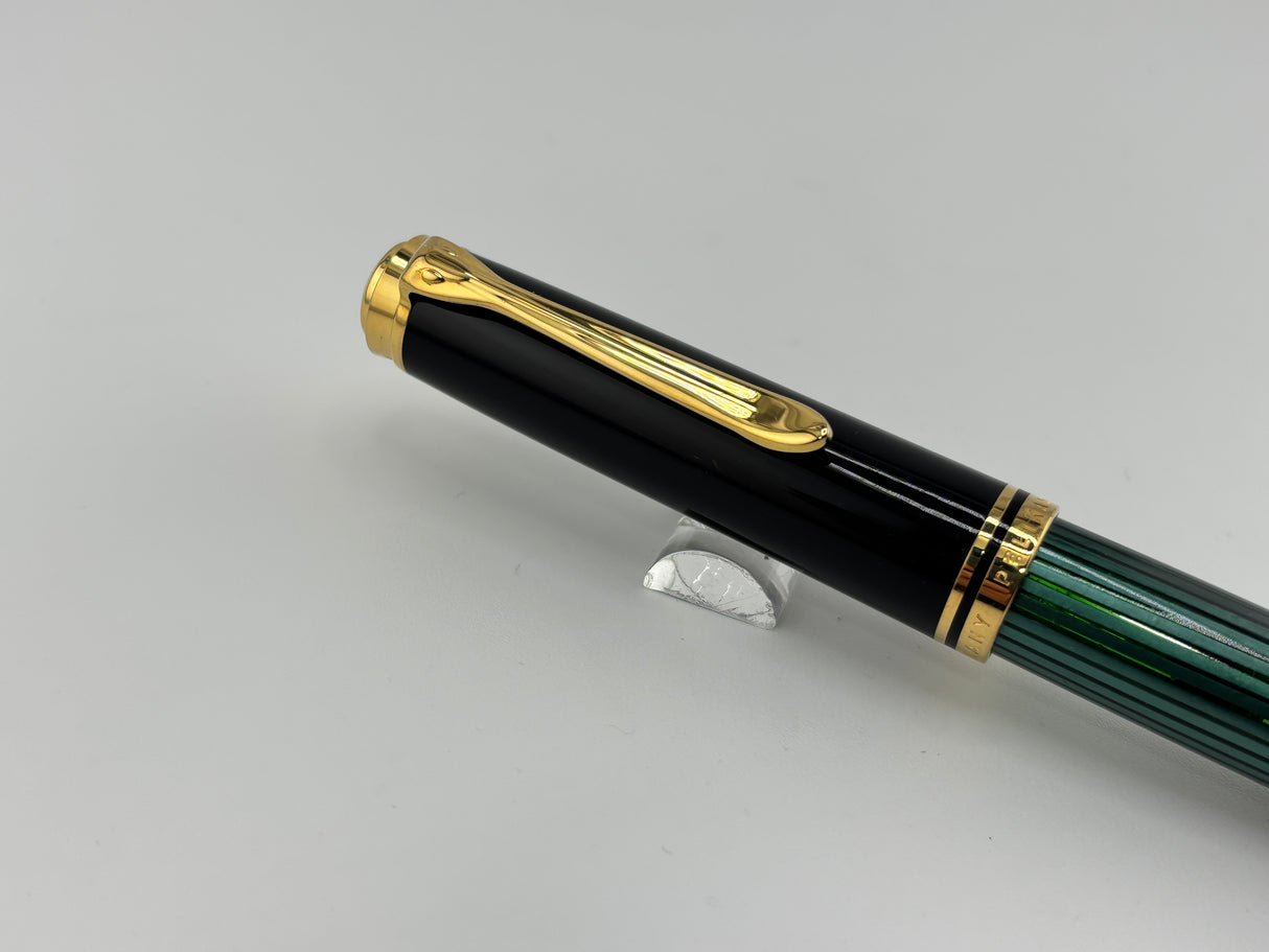 Pelikan M800 Souveran Black Cap & Green Striped Barrel Fountain Pen -  Medium 18kt Gold Nib