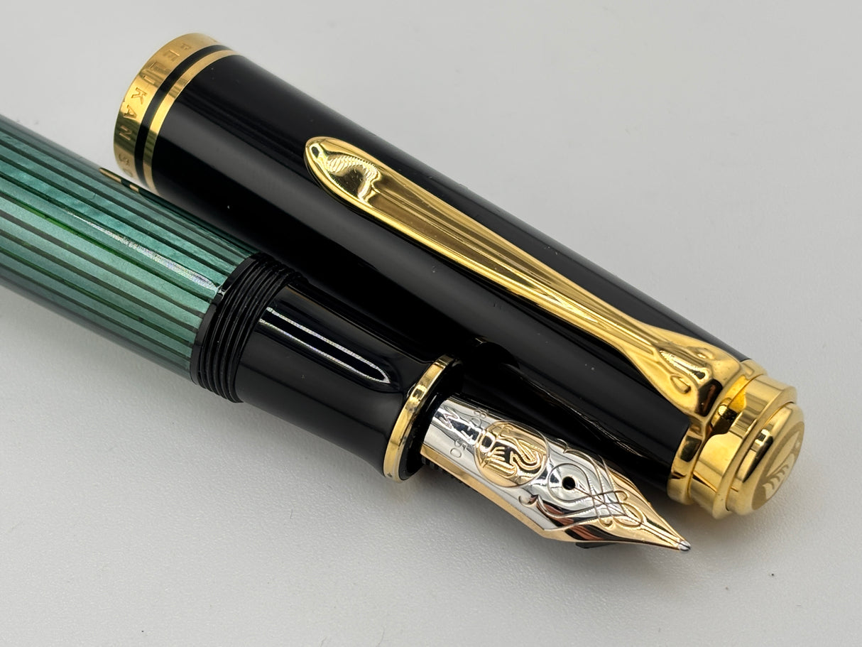 Pelikan M800 Souveran Black Cap & Green Striped Barrel Fountain Pen -  Medium 18kt Gold Nib