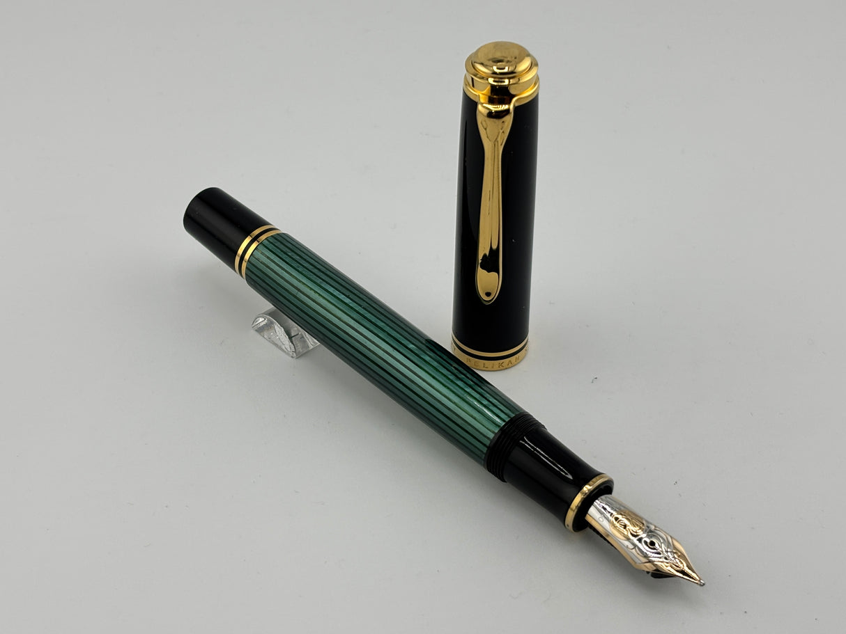 Pelikan M800 Souveran Black Cap & Green Striped Barrel Fountain Pen -  Medium 18kt Gold Nib