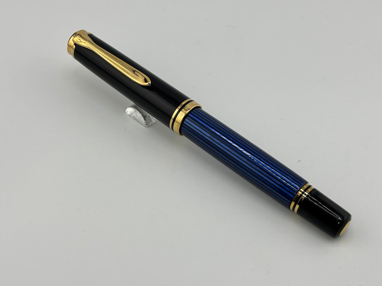 Pelikan M800 Black Cap/Blue Striped Barrel Fountain Pen - Medium 18kt Gold Nib