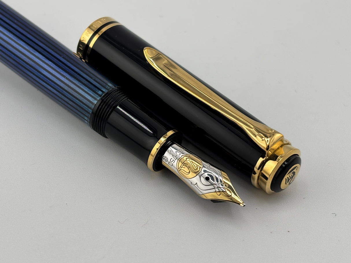Pelikan M800 Black Cap/Blue Striped Barrel Fountain Pen - Medium 18kt Gold Nib
