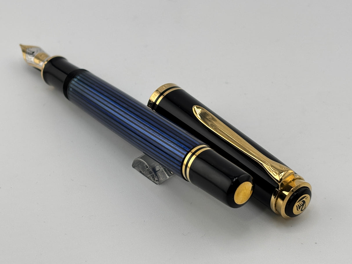 Pelikan M800 Black Cap/Blue Striped Barrel Fountain Pen - Medium 18kt Gold Nib
