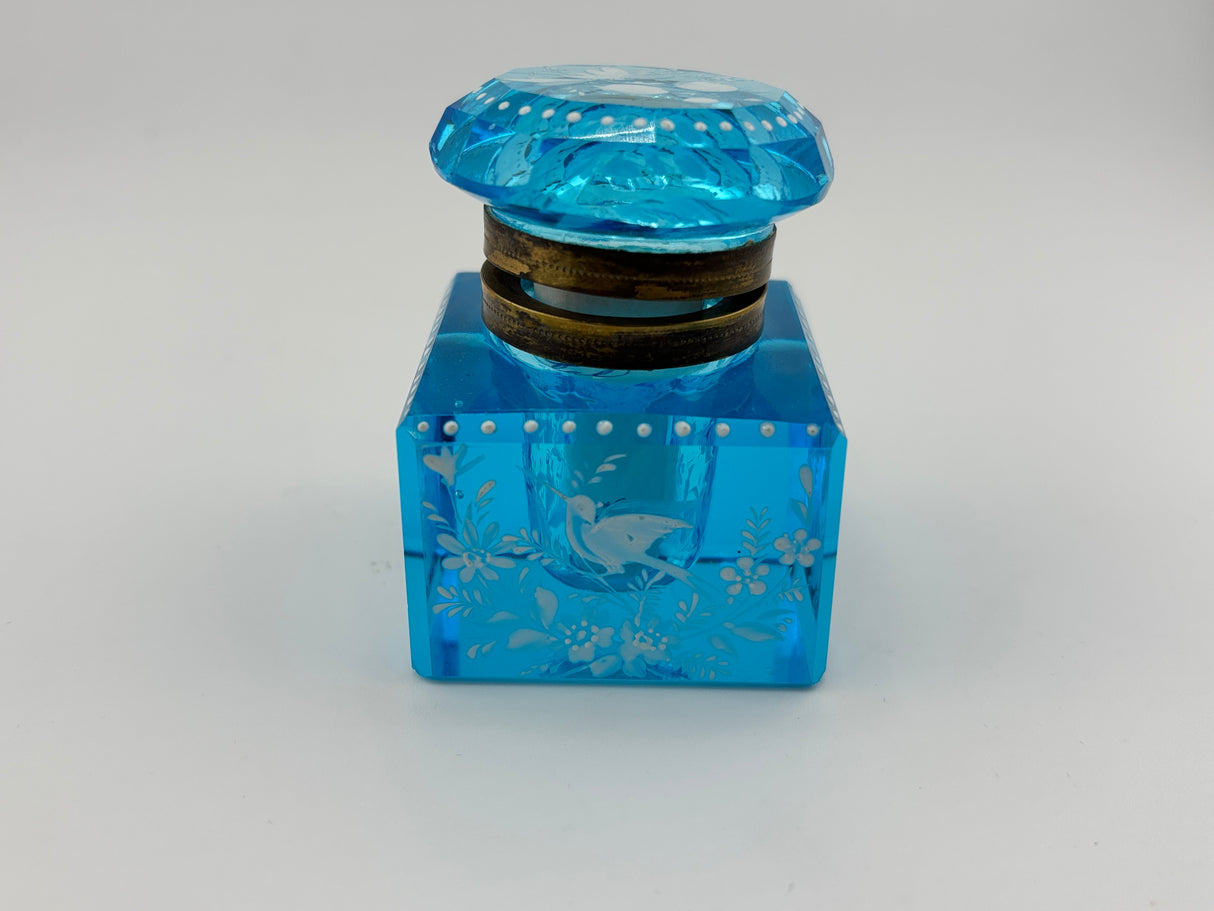 Inkwell Vintage circa 1930 excellent condition - Electric Blue Crystal Enamel Floral Design