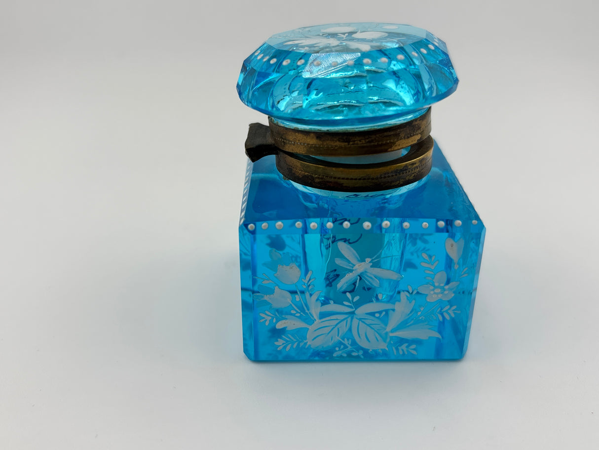 Inkwell Vintage circa 1930 excellent condition - Electric Blue Crystal Enamel Floral Design