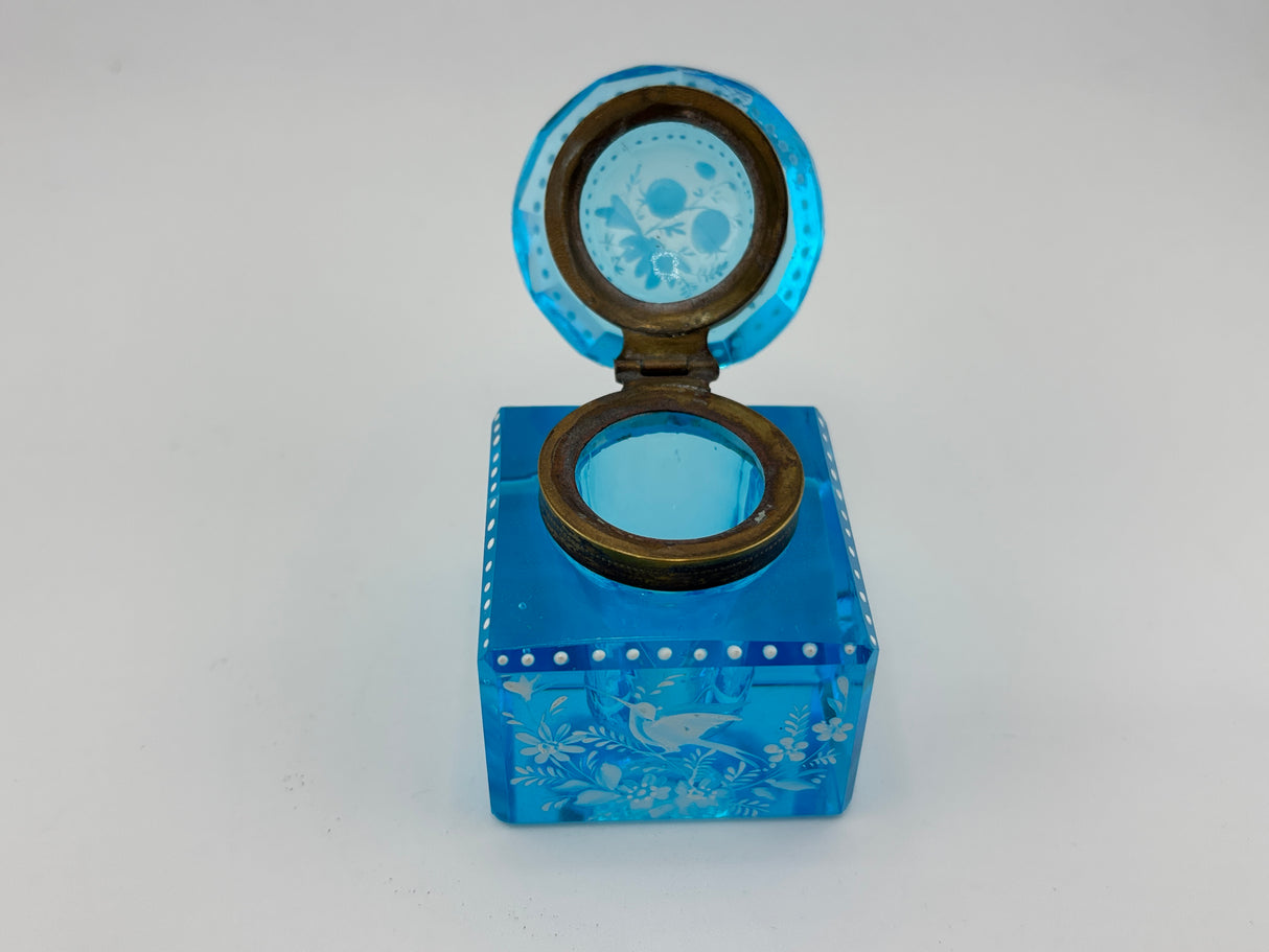 Inkwell Vintage circa 1930 excellent condition - Electric Blue Crystal Enamel Floral Design