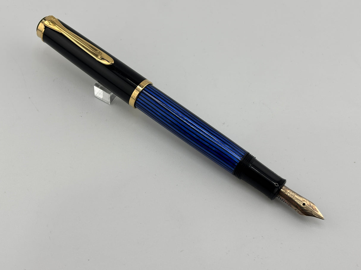 Pelikan M400 Black Cap/Blue Striped Barrel "Early Style" - Medium 14kt Gold Nib
