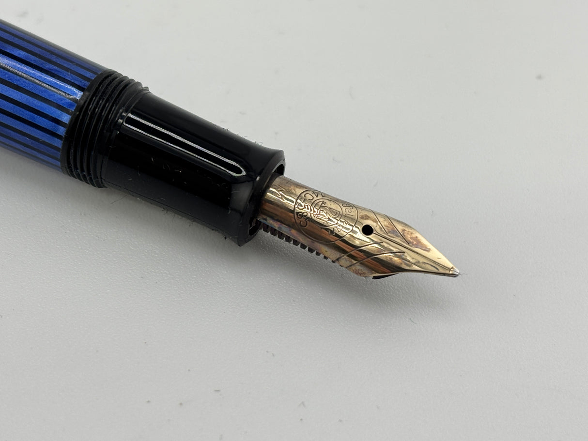 Pelikan M400 Black Cap/Blue Striped Barrel "Early Style" - Medium 14kt Gold Nib