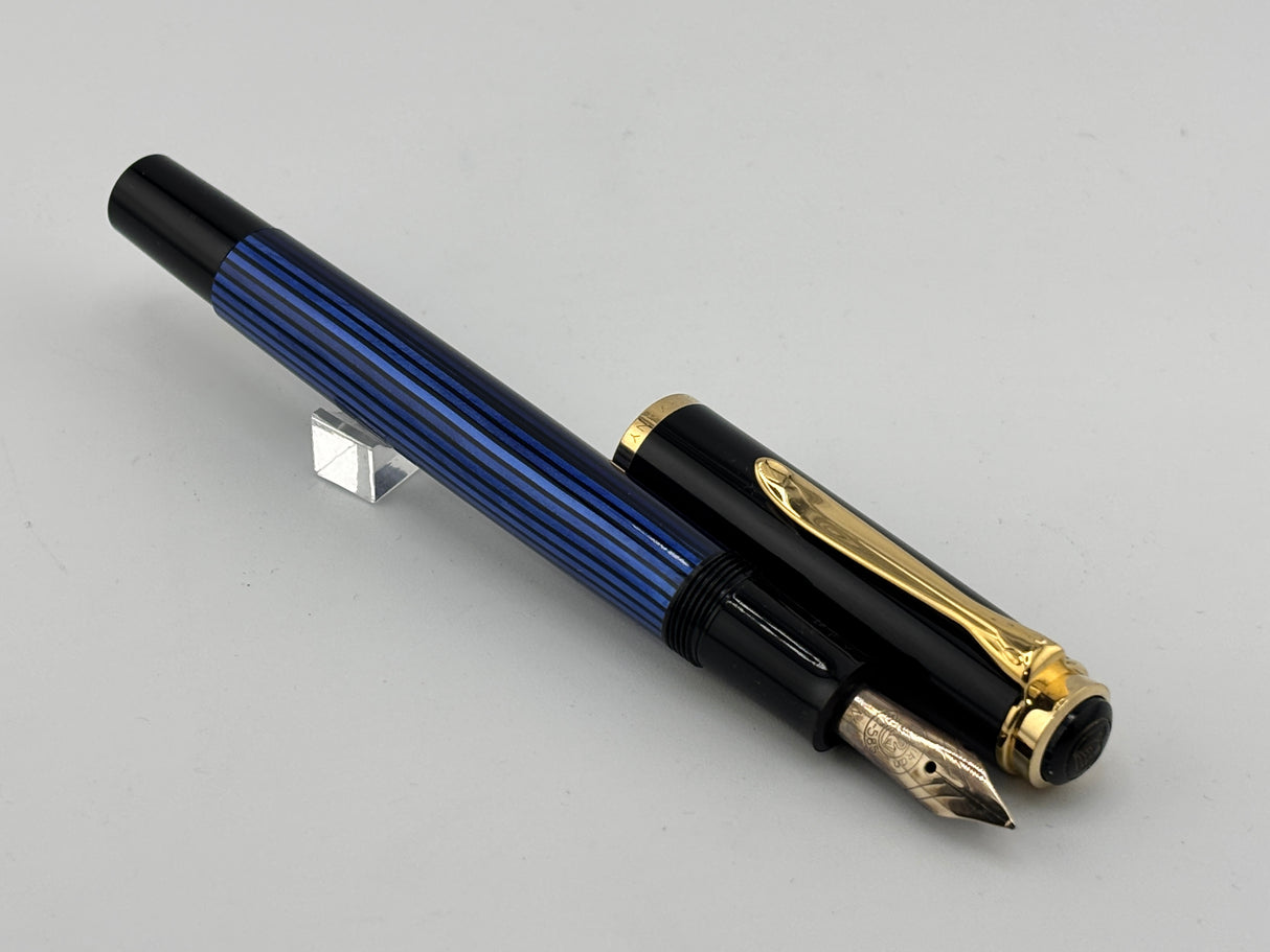 Pelikan M400 Black Cap/Blue Striped Barrel "Early Style" - Medium 14kt Gold Nib