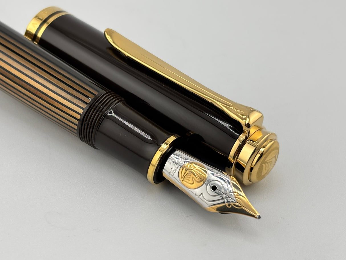 Pelikan M800  Brown  Striped Barrel/Solid Brown Cap  Fountain Pen - Medium 18kt Gold Nib
