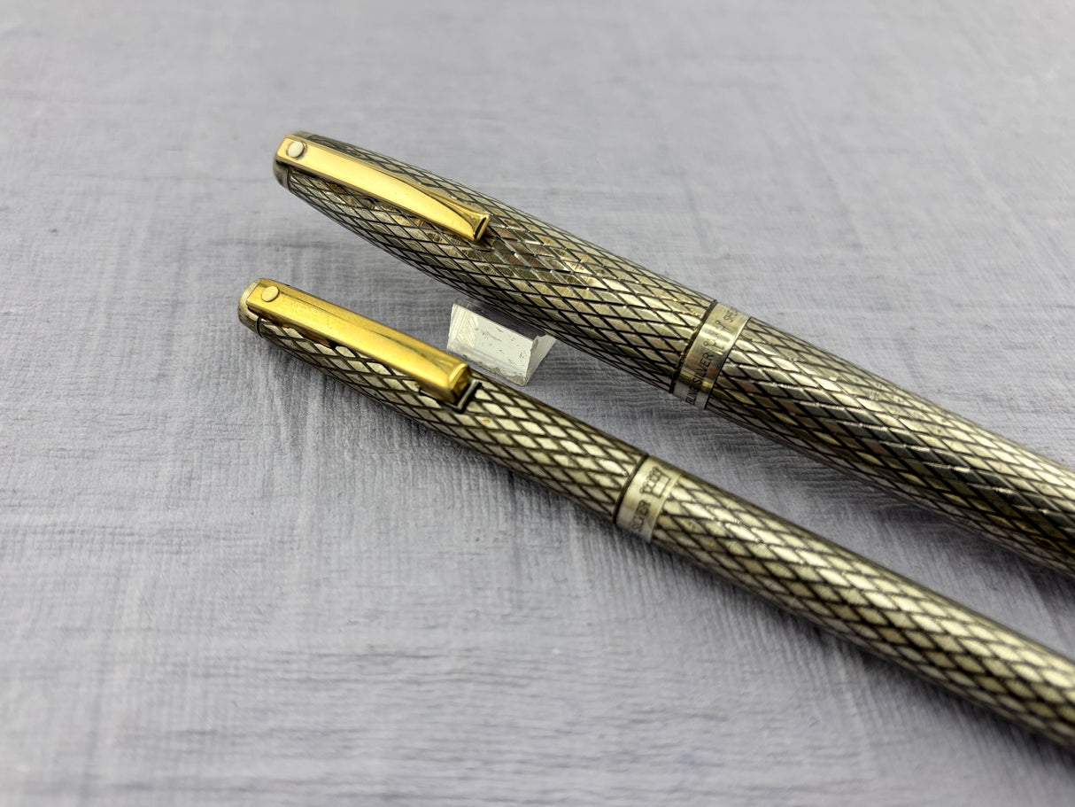 Sheaffer Imperial  Set Sterling Silver 925 Crossed lines 14k Gold Nib rare double broad !!