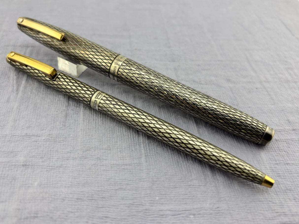 Sheaffer Imperial  Set Sterling Silver 925 Crossed lines 14k Gold Nib rare double broad !!
