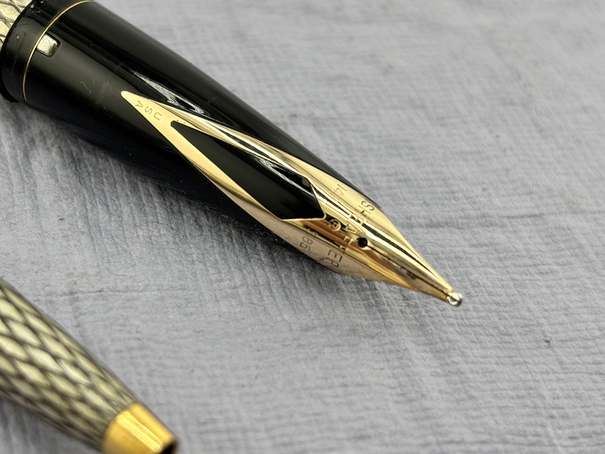 Sheaffer Imperial  Set Sterling Silver 925 Crossed lines 14k Gold Nib rare double broad !!