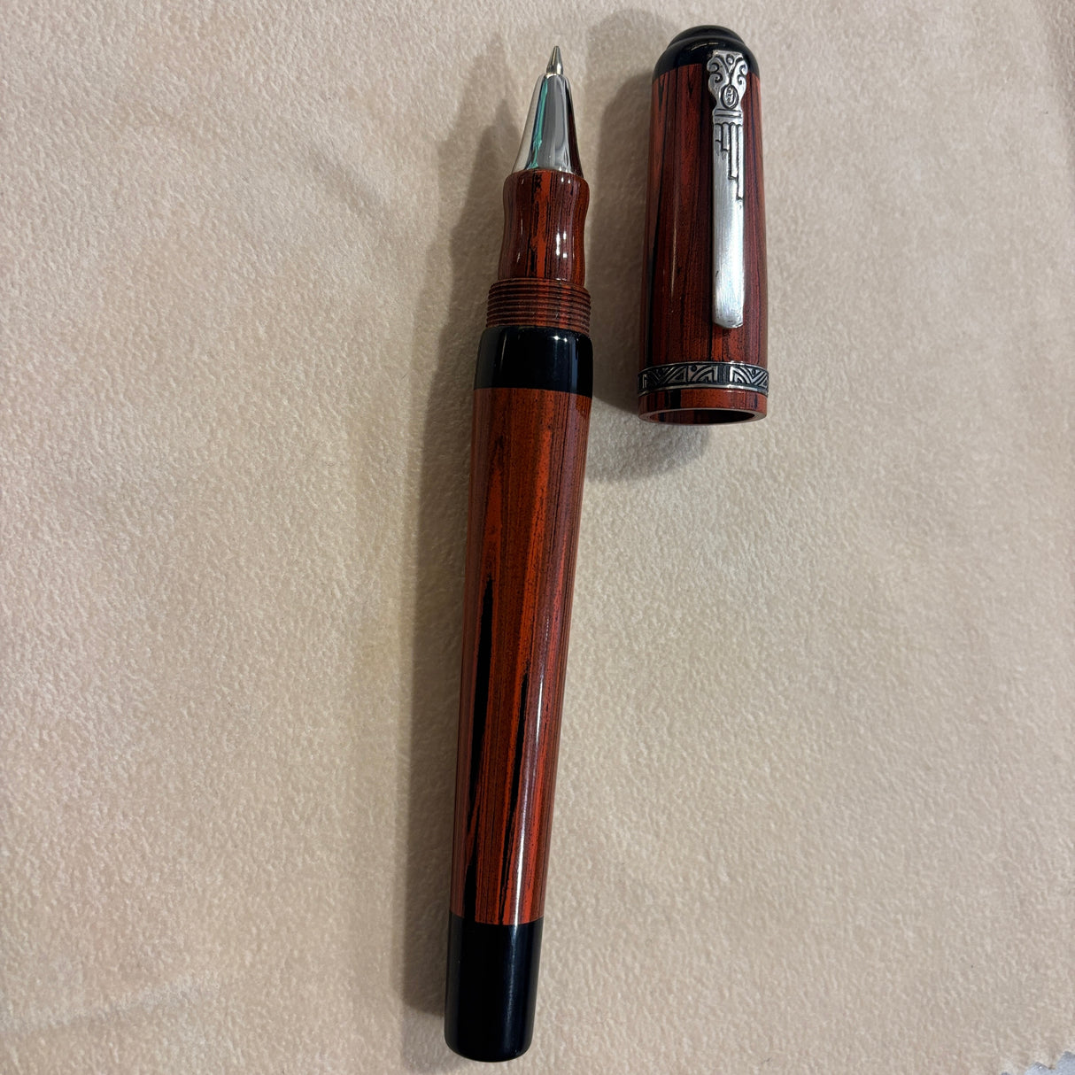 Marlen BVCCVS Oversized rollerball orange and black Mottled ebonite - Sterling Silver Clip & Trim