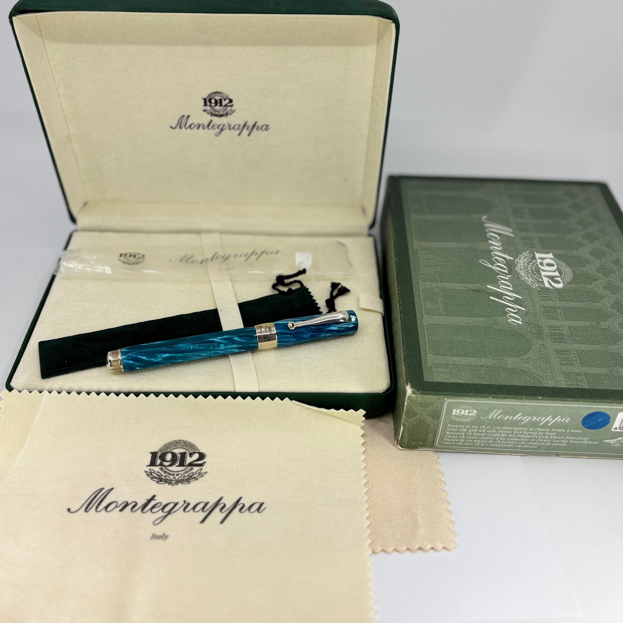 Montegrappa 1912 Symphony Turquoise Blue Celluloid Fountain Pen - Sterling Silver Trim - Double Broad 18kt Gold Nib