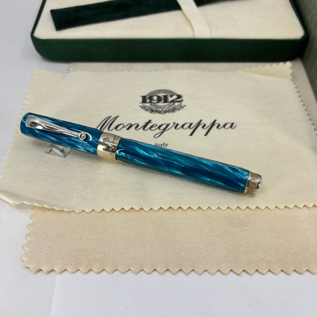 Montegrappa 1912 Symphony Turquoise Blue Celluloid Fountain Pen - Sterling Silver Trim - Double Broad 18kt Gold Nib