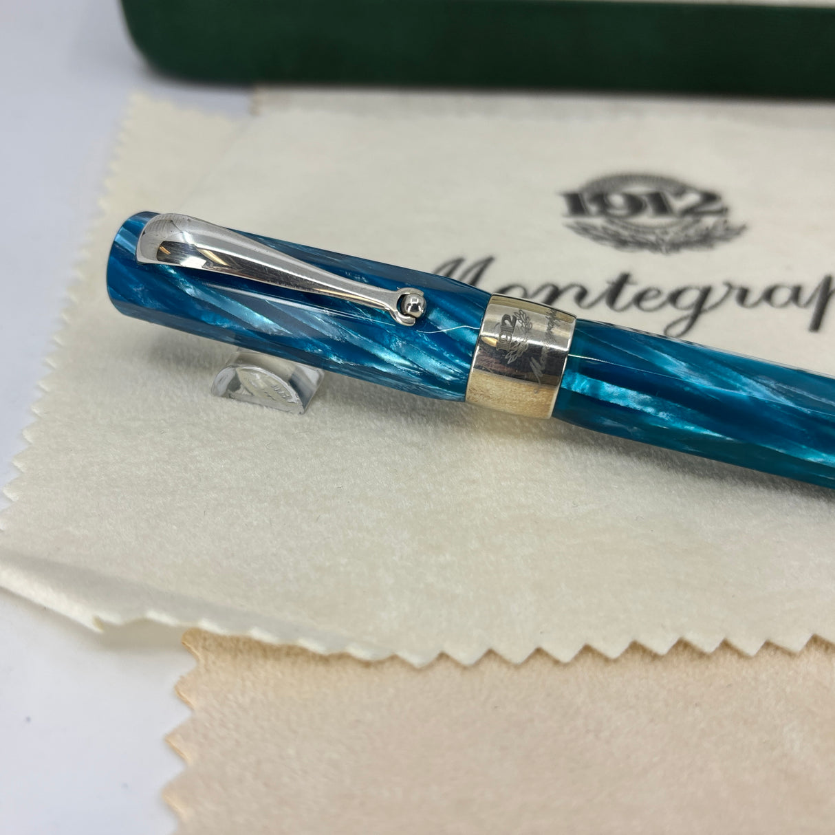 Montegrappa 1912 Symphony Turquoise Blue Celluloid Fountain Pen - Sterling Silver Trim - Double Broad 18kt Gold Nib