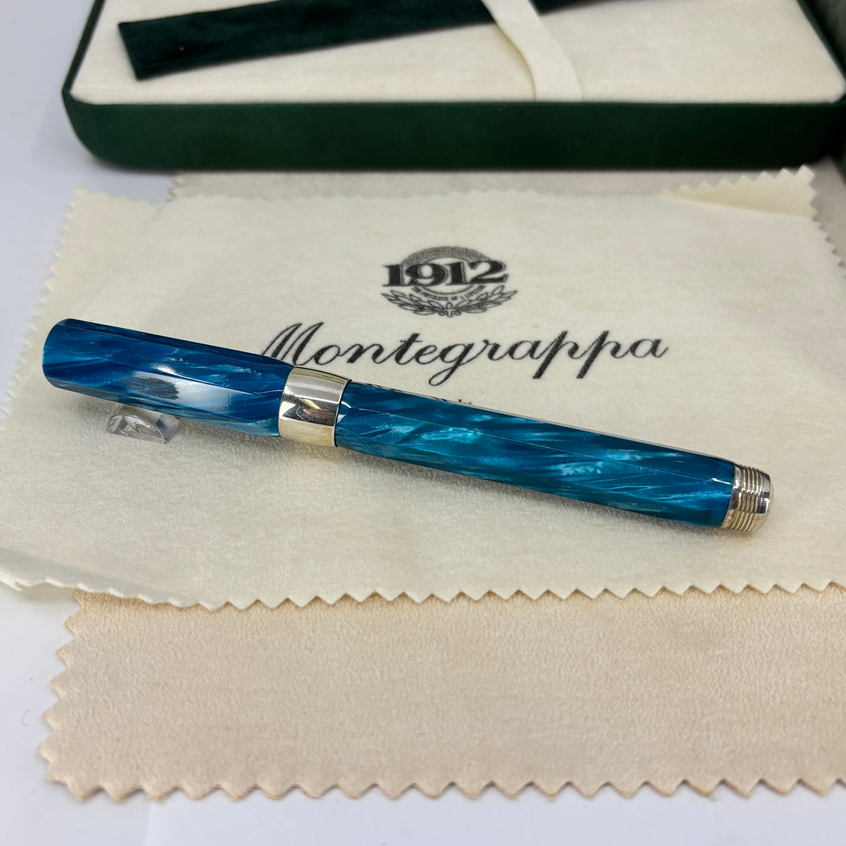 Montegrappa 1912 Symphony Turquoise Blue Celluloid Fountain Pen - Sterling Silver Trim - Double Broad 18kt Gold Nib