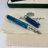 Montegrappa 1912 Symphony Turquoise Blue Celluloid Fountain Pen - Sterling Silver Trim - Double Broad 18kt Gold Nib