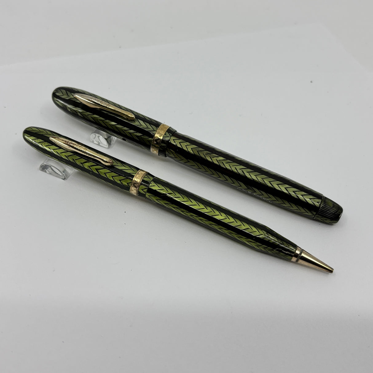 Conklin 5M Word Gauge Nozac SET Herringbone Green/Black Fountain Pen and Pencil - Circa 1935