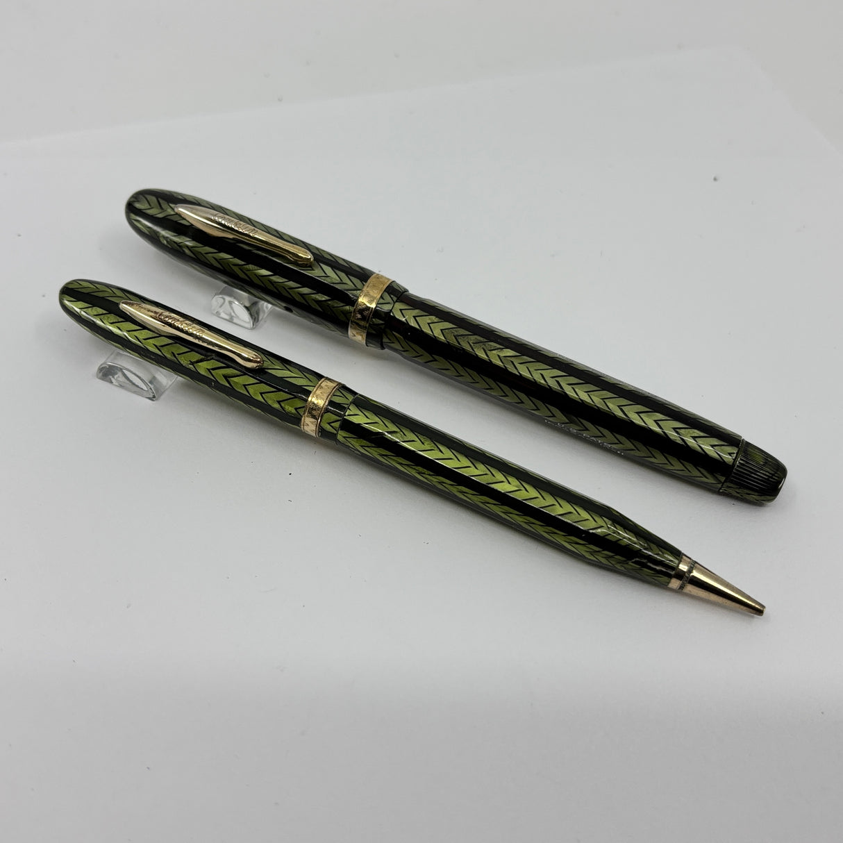 Conklin 5M Word Gauge Nozac SET Herringbone Green/Black Fountain Pen and Pencil - Circa 1935