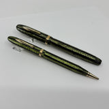 Conklin 5M Word Gauge Nozac SET Herringbone Green/Black Fountain Pen and Pencil - Circa 1935