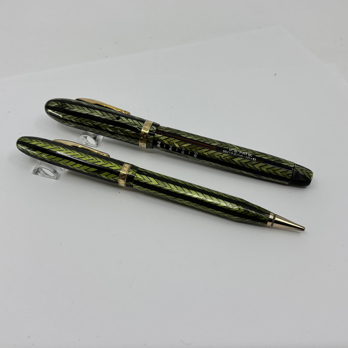 Conklin 5M Word Gauge Nozac SET Herringbone Green/Black Fountain Pen and Pencil - Circa 1935