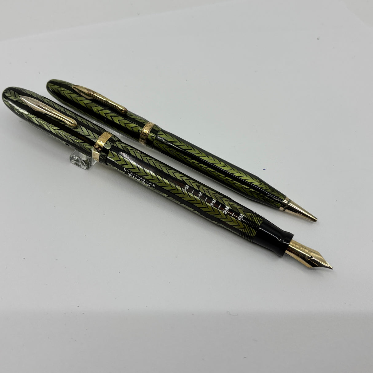 Conklin 5M Word Gauge Nozac SET Herringbone Green/Black Fountain Pen and Pencil - Circa 1935
