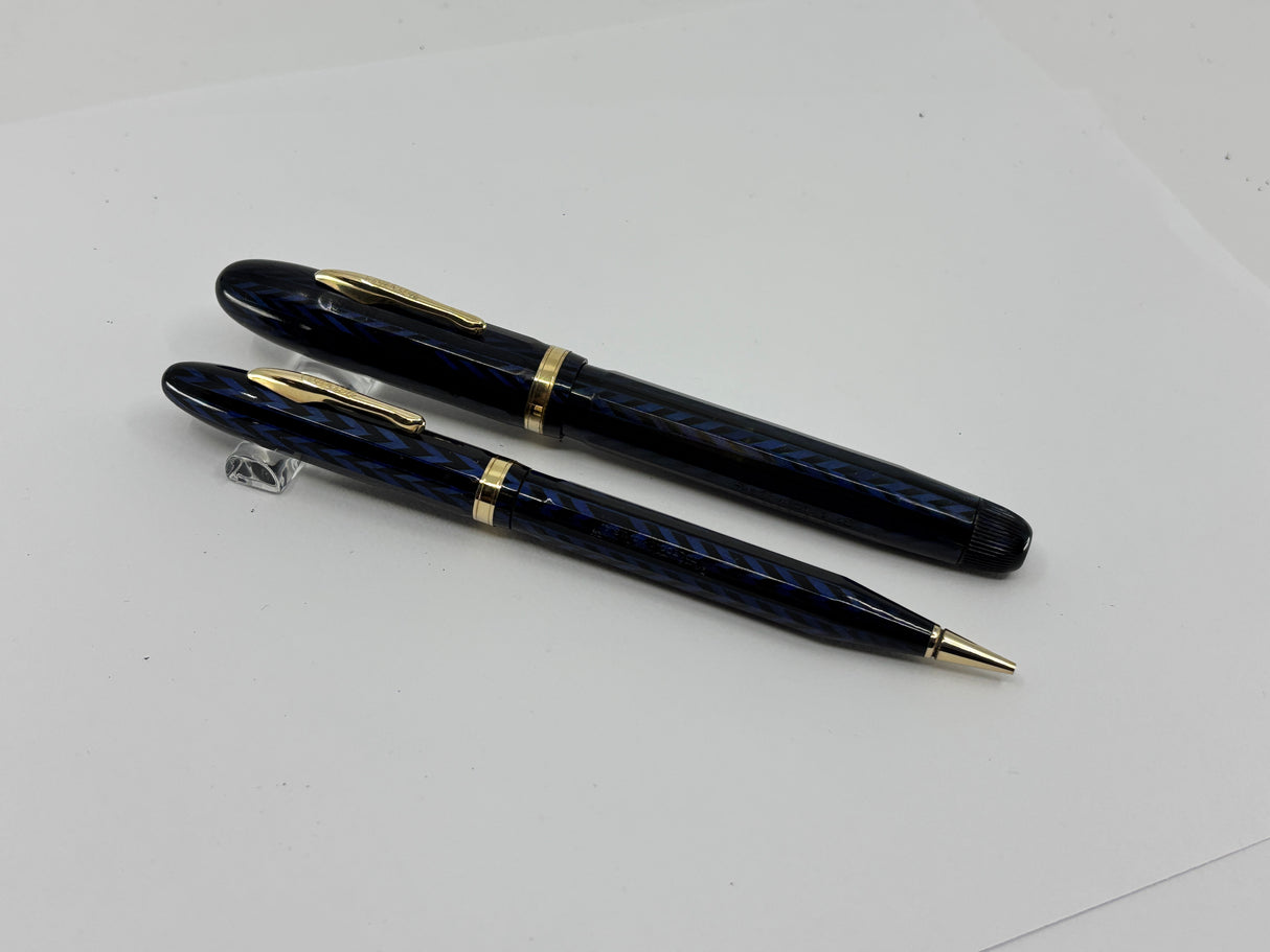 Conklin Largest Nozac SET Herringbone Blue/Black Fountain Pen and Pencil - Circa 1935
