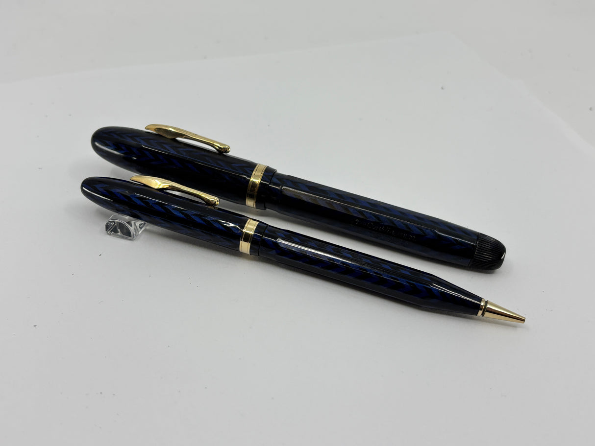 Conklin Largest Nozac SET Herringbone Blue/Black Fountain Pen and Pencil - Circa 1935